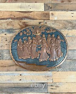 Large Vintage Oval Indian Copper Relief Wall Plaque Panel Goddess Dancing Forest