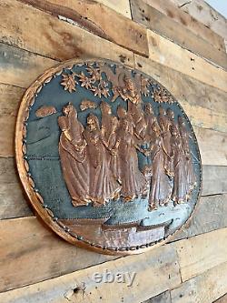 Large Vintage Oval Indian Copper Relief Wall Plaque Panel Goddess Dancing Forest