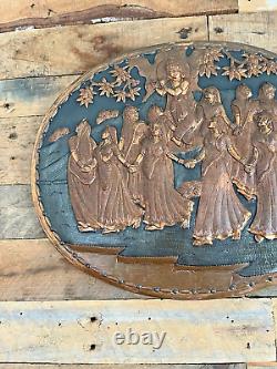 Large Vintage Oval Indian Copper Relief Wall Plaque Panel Goddess Dancing Forest