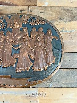 Large Vintage Oval Indian Copper Relief Wall Plaque Panel Goddess Dancing Forest