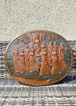 Large Vintage Oval Indian Copper Relief Wall Plaque Panel Goddess Dancing Forest