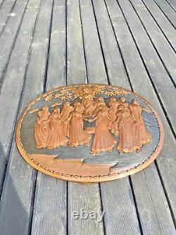 Large Vintage Oval Indian Copper Relief Wall Plaque Panel Goddess Dancing Forest