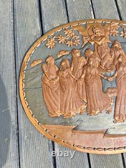 Large Vintage Oval Indian Copper Relief Wall Plaque Panel Goddess Dancing Forest