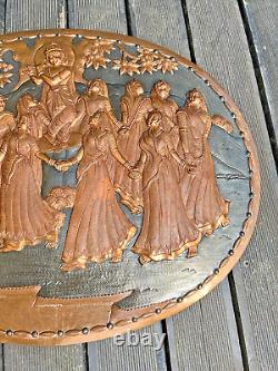 Large Vintage Oval Indian Copper Relief Wall Plaque Panel Goddess Dancing Forest