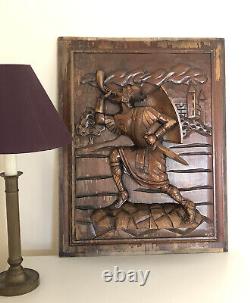 Large antique Vintage carved wooden plaque panel Knight Soldier Saracen European