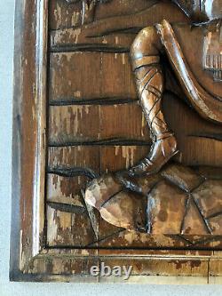 Large antique Vintage carved wooden plaque panel Knight Soldier Saracen European