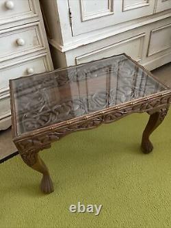 Liberty Vinatge Heavily Carved walnut coffee table anglo Indian glass top