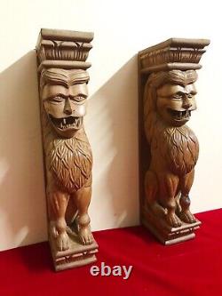 Lion Wall Corbel Pair Bracket Statue Mahogany Wooden Sculpture Door Home Decor E