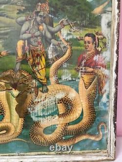 Lord Krishna Dance On Snake Head Lithograph Ravi Varma Print Antique Vintage Old