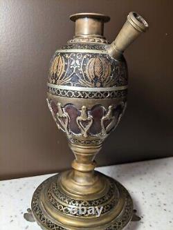 Old Antique Hand Crafted Fine Inlay Painted Engraved Brass Hookah Base Pot-HO2