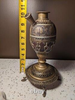 Old Antique Hand Crafted Fine Inlay Painted Engraved Brass Hookah Base Pot-HO2