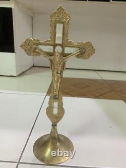 Old Antique Vintage Brass Lord Jesus on Cross Holy Statue Idol Figurine 26 cm
