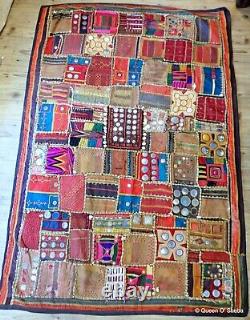 Old Banjara Embroideries Patchwork Textile Wall Hanging Cowrie Mirror India Vtg