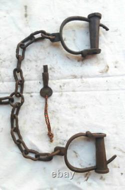 Old Vintage Antique Strong Heavy Iron Long Chain Rare Adjustable Lock Handcuffs