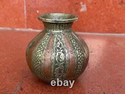 Old Vintage Hand Carved Ganga Jamuna Brass & Copper Temple Holy Water Pot