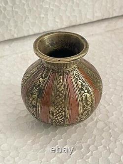 Old Vintage Hand Carved Ganga Jamuna Brass & Copper Temple Holy Water Pot