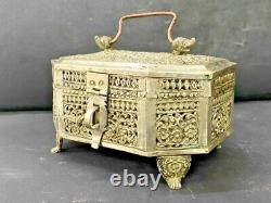 Old Vintage Handmade Brass Fine Jali Cut Mughal Period Perfume Box With 8 Bottle