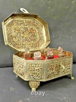 Old Vintage Handmade Brass Fine Jali Cut Mughal Period Perfume Box With 8 Bottle