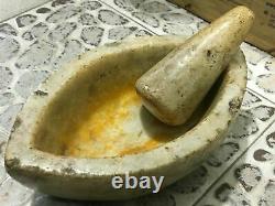 Old Vintage Handmade White Marble Spice Grinding Mortar & Pestle Rich Patina