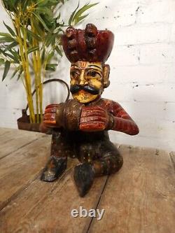 Old Vintage Indian Polychrome Hand Carved Wooden Musician Statue Sculpture