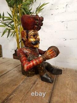 Old Vintage Indian Polychrome Hand Carved Wooden Musician Statue Sculpture