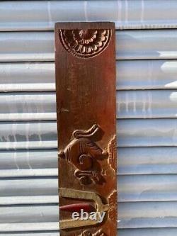 Old Vintage Rare Hand Carving Hindu Religious & Floral Design Wooden Door Panel