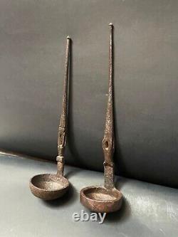 Old Vintage Rare Mughal Hand Carved 2 Pcs Iron Oil Ghee Ladle Spoons Kitchenware