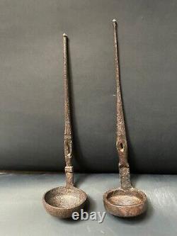 Old Vintage Rare Mughal Hand Carved 2 Pcs Iron Oil Ghee Ladle Spoons Kitchenware