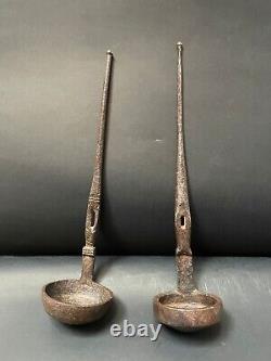 Old Vintage Rare Mughal Hand Carved 2 Pcs Iron Oil Ghee Ladle Spoons Kitchenware