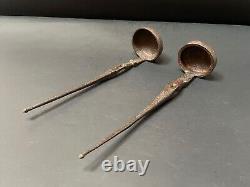 Old Vintage Rare Mughal Hand Carved 2 Pcs Iron Oil Ghee Ladle Spoons Kitchenware