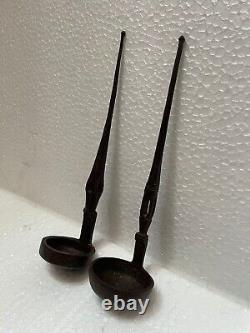 Old Vintage Rare Mughal Hand Carved 2 Pcs Iron Oil Ghee Ladle Spoons Kitchenware