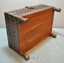 Original Old Vintage Hand Carved Wooden Dowry Chest Travelling Storage Box