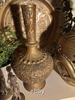 Ornate Antique Indian Hand Embossed Brass Hookah, Water, Vase 19th Century