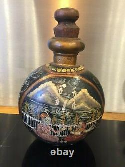 Ornate Indian/Asian Hand painted metal water bottle, Vintage/Antique circa 1900
