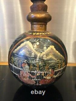 Ornate Indian/Asian Hand painted metal water bottle, Vintage/Antique circa 1900