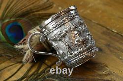 Ornate vintage indian silver shot cup, traditional scene, 59gm, repousse