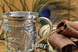Ornate vintage indian silver shot cup, traditional scene, 59gm, repousse