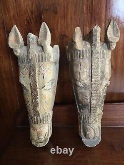PAIR OF ANTIQUE VINTAGE INDIAN WOODEN HORSE HEAD FROM INDIA. Hand Painted