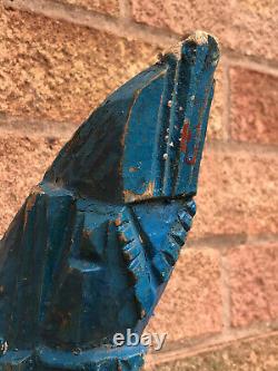 Pair Antique Vintage Large Indian Wooden Teak Horse Head Sculpture c1850 Blue