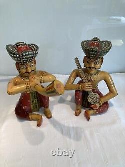 Pair Antique vintage hand painted and carved Rajasthan musician figures 33cm