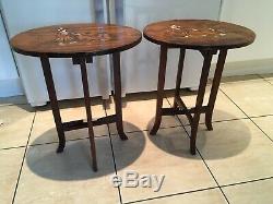 Pair Of Antique Vintage Inlaid Indian Oval Side Tables