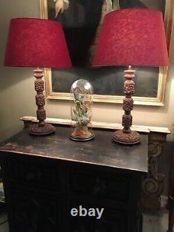 Pair Of Refurbished Antique Vintage Carved Indian Table Lamps