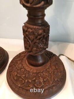 Pair Of Refurbished Antique Vintage Carved Indian Table Lamps