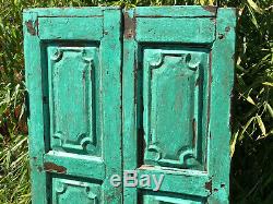 Pair Vintage Reclaimed Indian Wooden Panelled Art Deco Window Shutters Jade