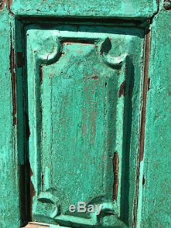 Pair Vintage Reclaimed Indian Wooden Panelled Art Deco Window Shutters Jade