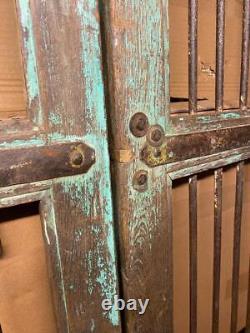 Pair of Original Antique Vintage Rustic Indian Doors Wood & Metal Grills