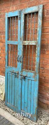 Pair of Original Antique Vintage Rustic Indian Jali Doors Wood & Metal Grills