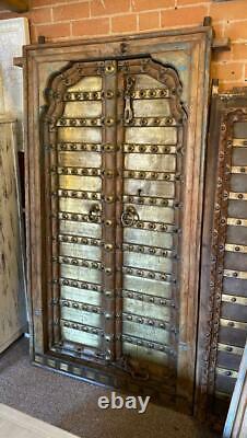 Pair of Original Antique Vintage Rustic Indian Jali Doors Wood & Polished Brass