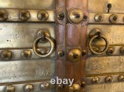 Pair of Original Antique Vintage Rustic Indian Jali Doors Wood & Polished Brass