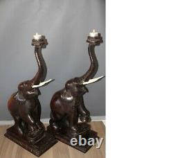 Pair of Vintage Decorative Large Carved wooden Elephant Lamp Stands